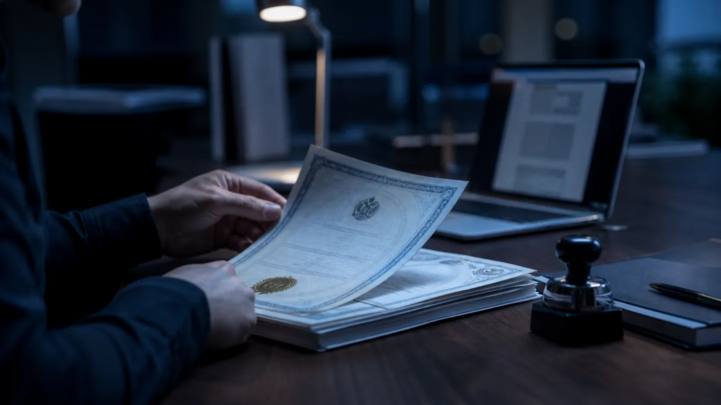 A person carefully reviewing certified documents to emphasize the importance of legitimate document purchases.