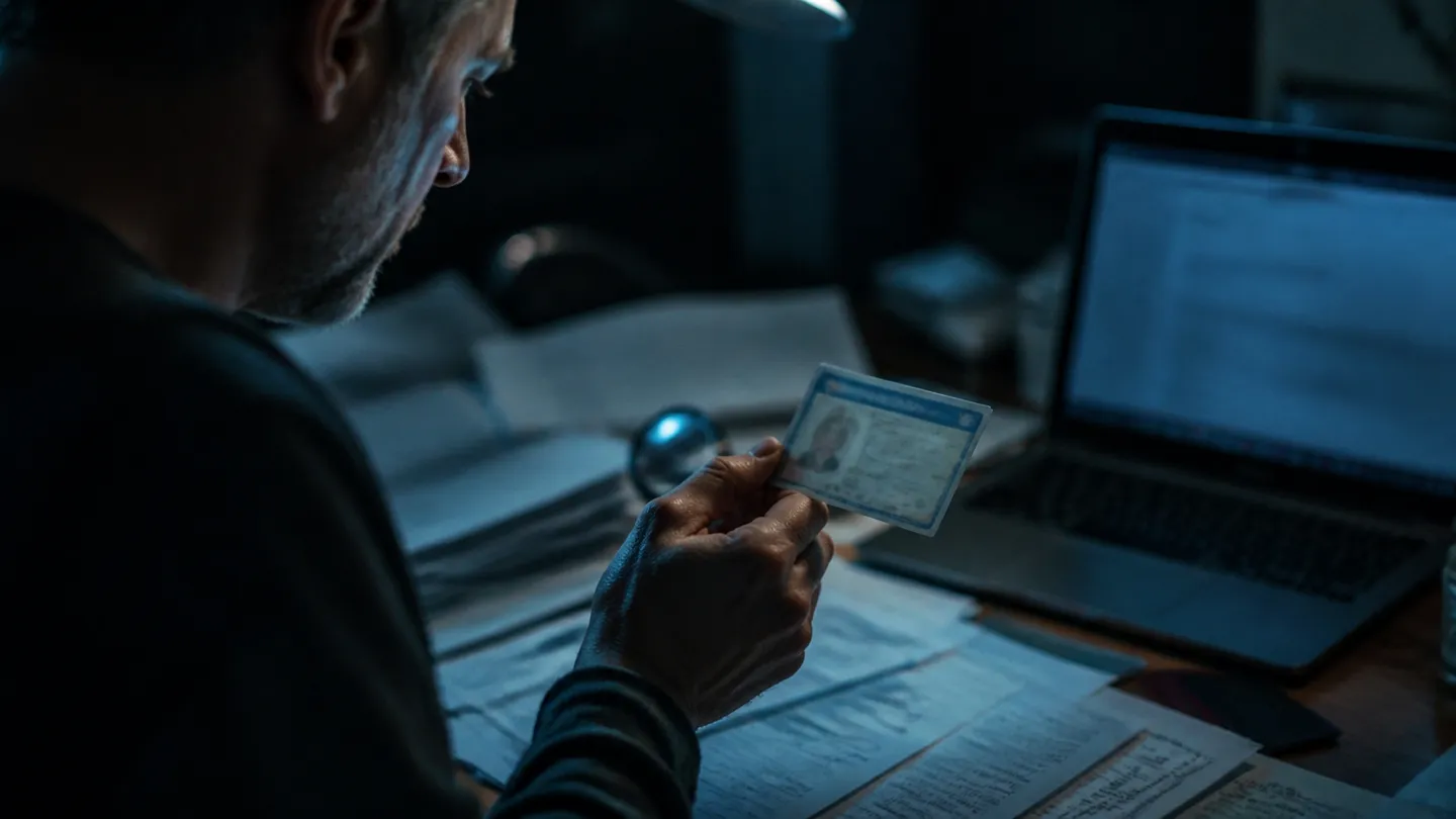 A person inspecting a counterfeit Social Security card, surrounded by documents and a laptop, highlighting the article's focus on risks.