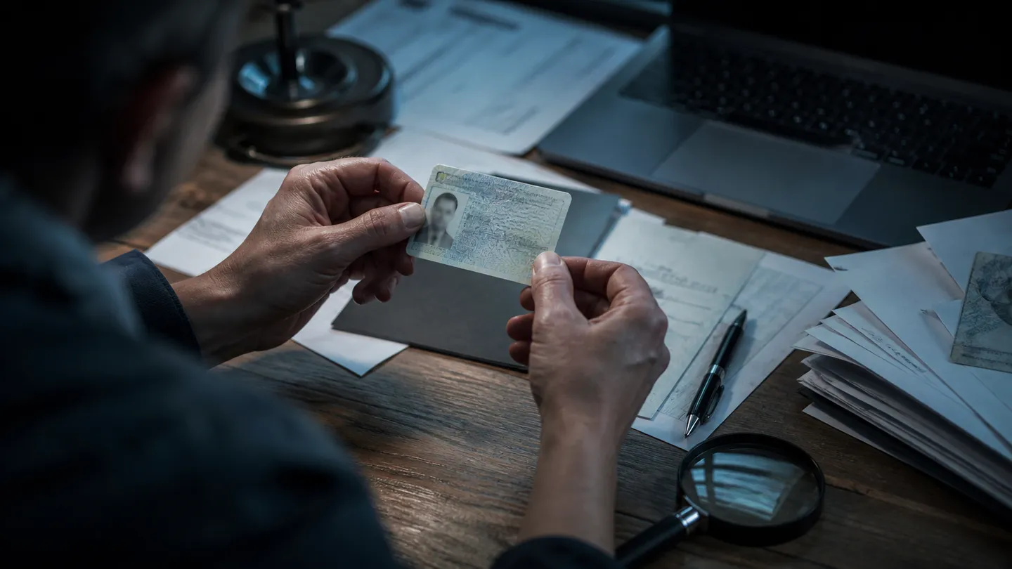 A person scrutinizing a counterfeit international ID card, emphasizing the risks of document fraud.