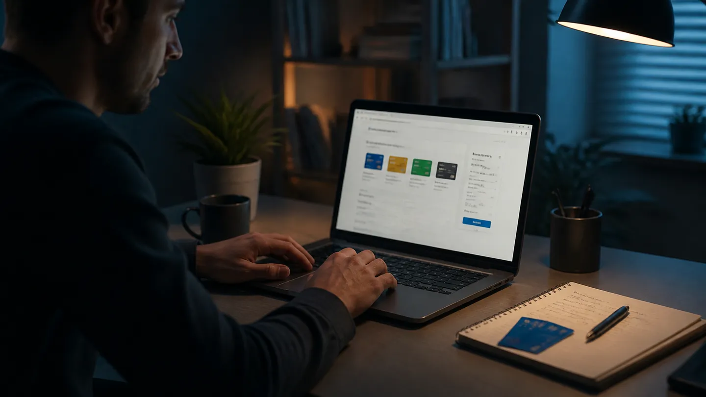 A person in a home office purchasing a Visa prepaid card online, illustrating the article's theme of safe online transactions.