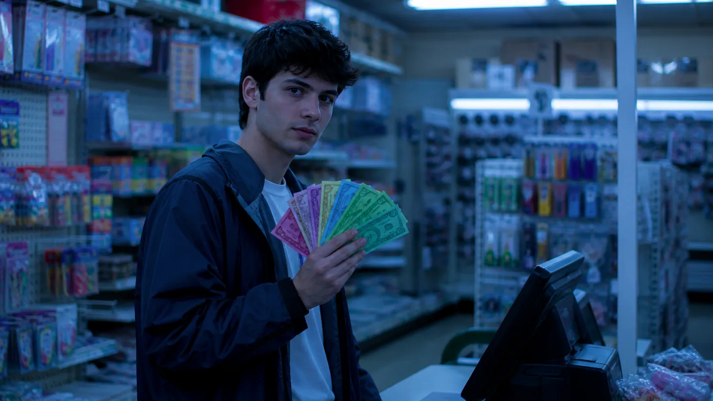 A customer looking at play money in a Dollar Tree store checkout, highlighting local options for fake currency.