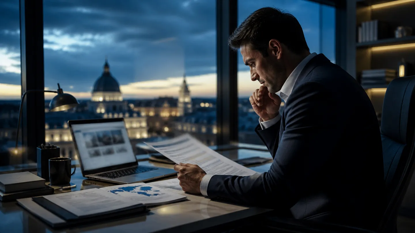 A businessman contemplating investment options for obtaining European citizenship in a modern office setting.