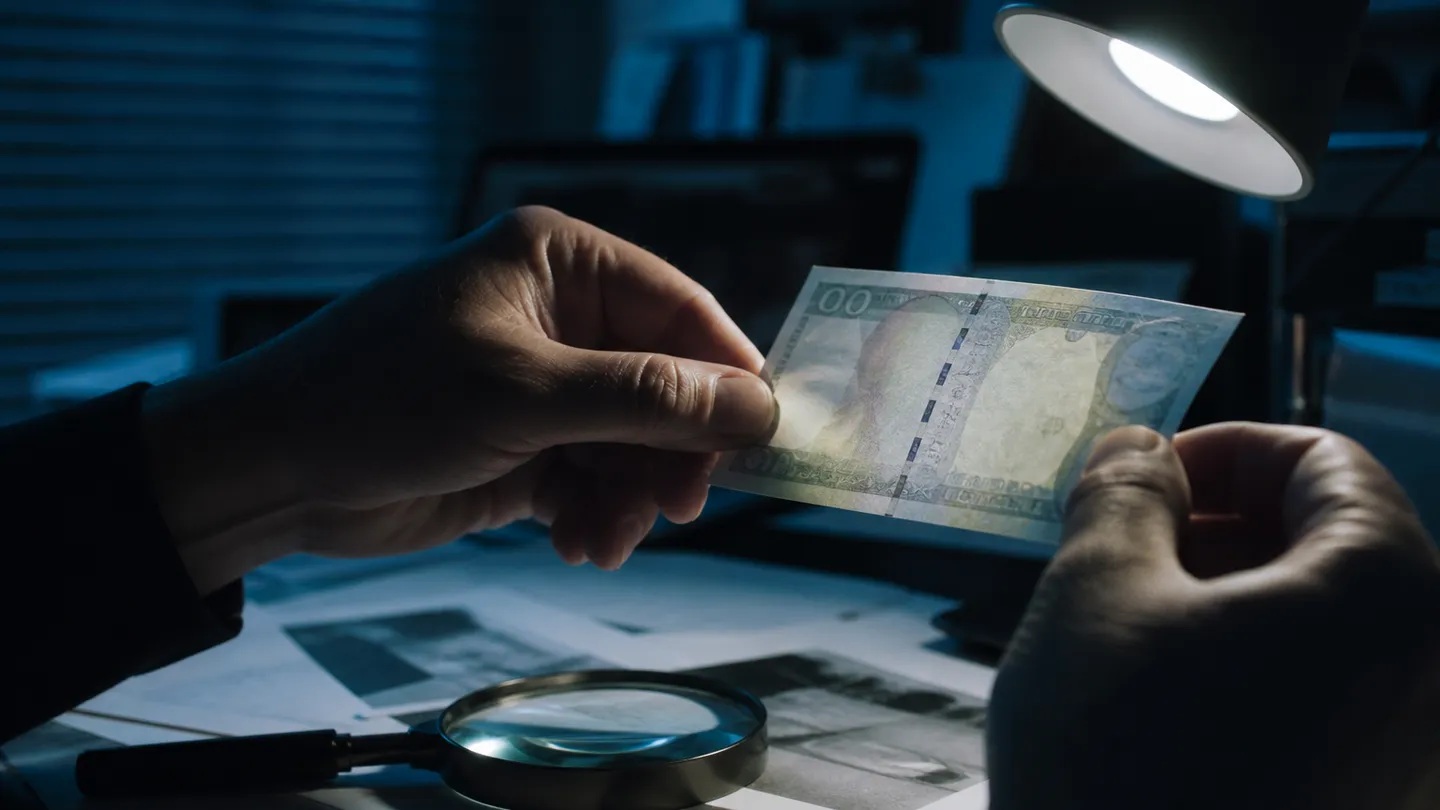 A person inspecting a $20 bill for authenticity under a lamp, highlighting security features.