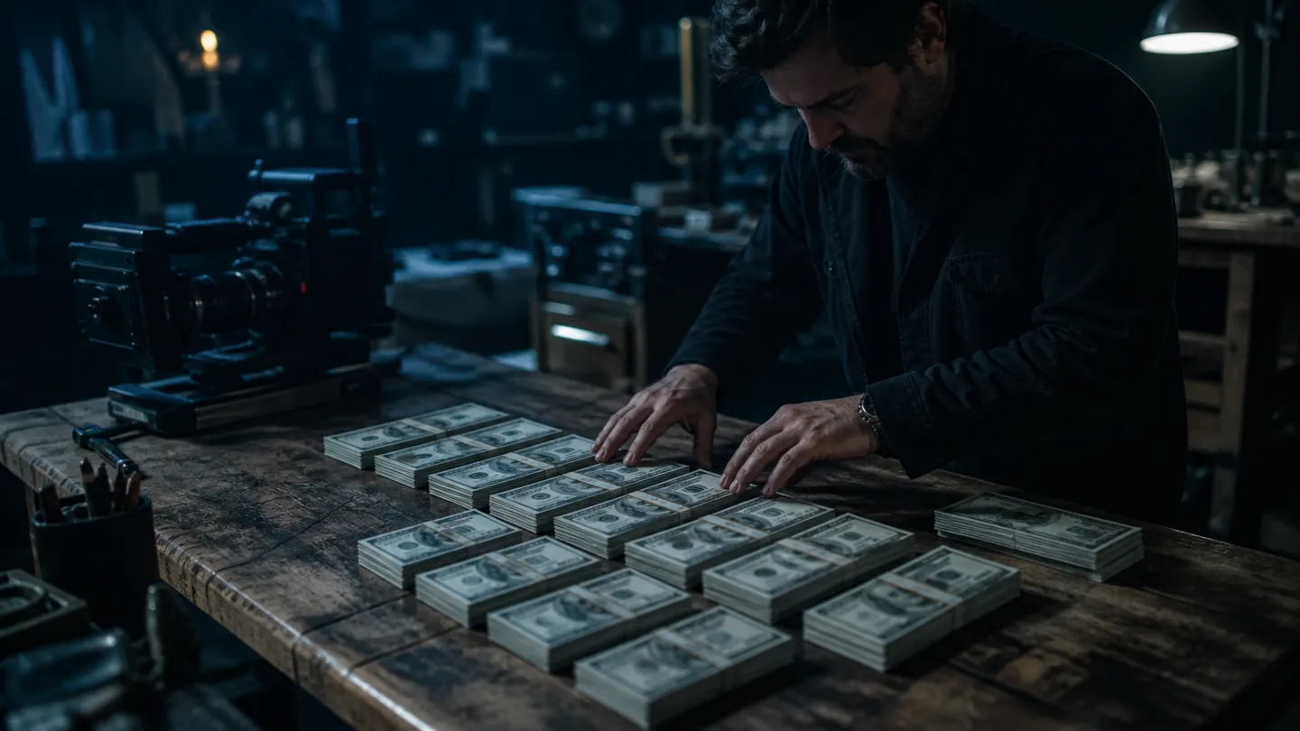 A filmmaker organizing realistic $100 prop money on a table in a dimly lit studio setting.