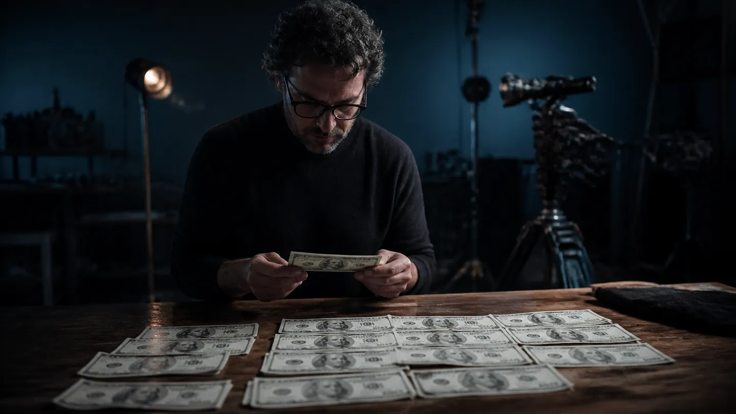 A filmmaker inspects a stack of realistic fake 100 dollar bills in a studio setting, highlighting their detail and authenticity.