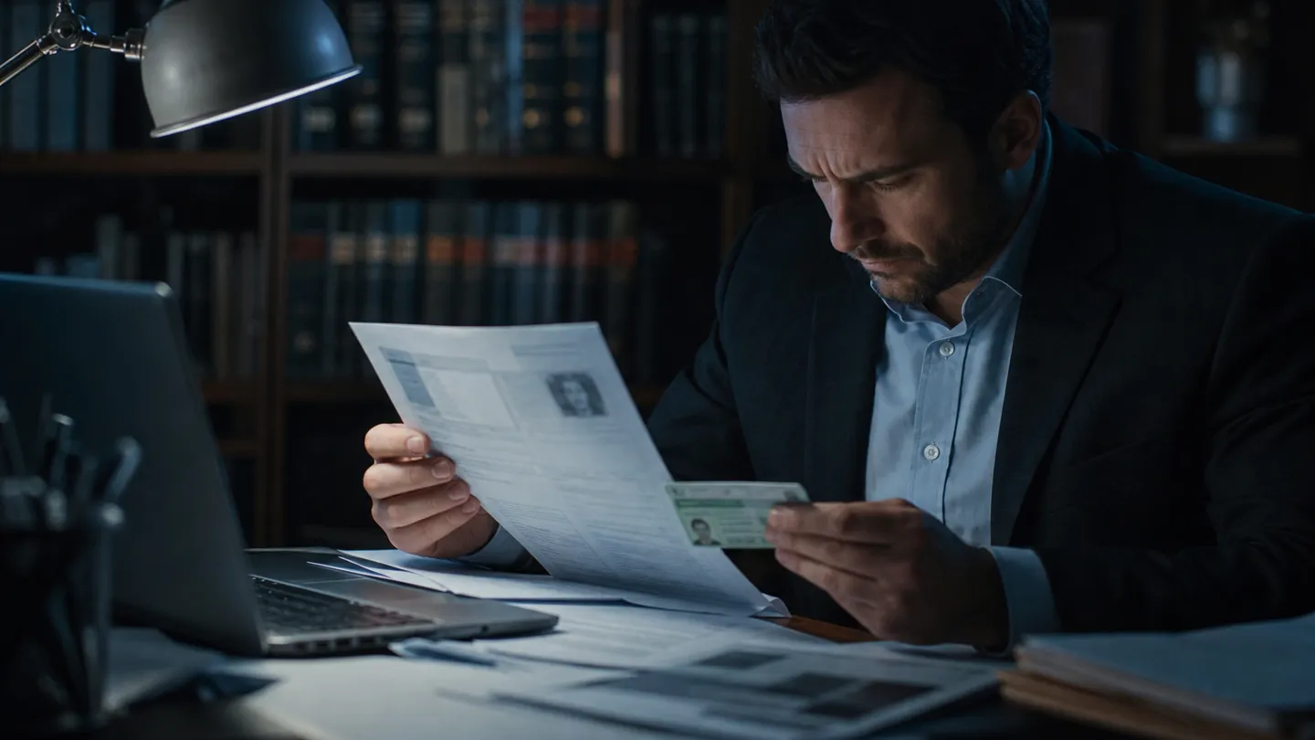A person examining a green card and immigration forms at a desk, illustrating the risks of buying a green card.