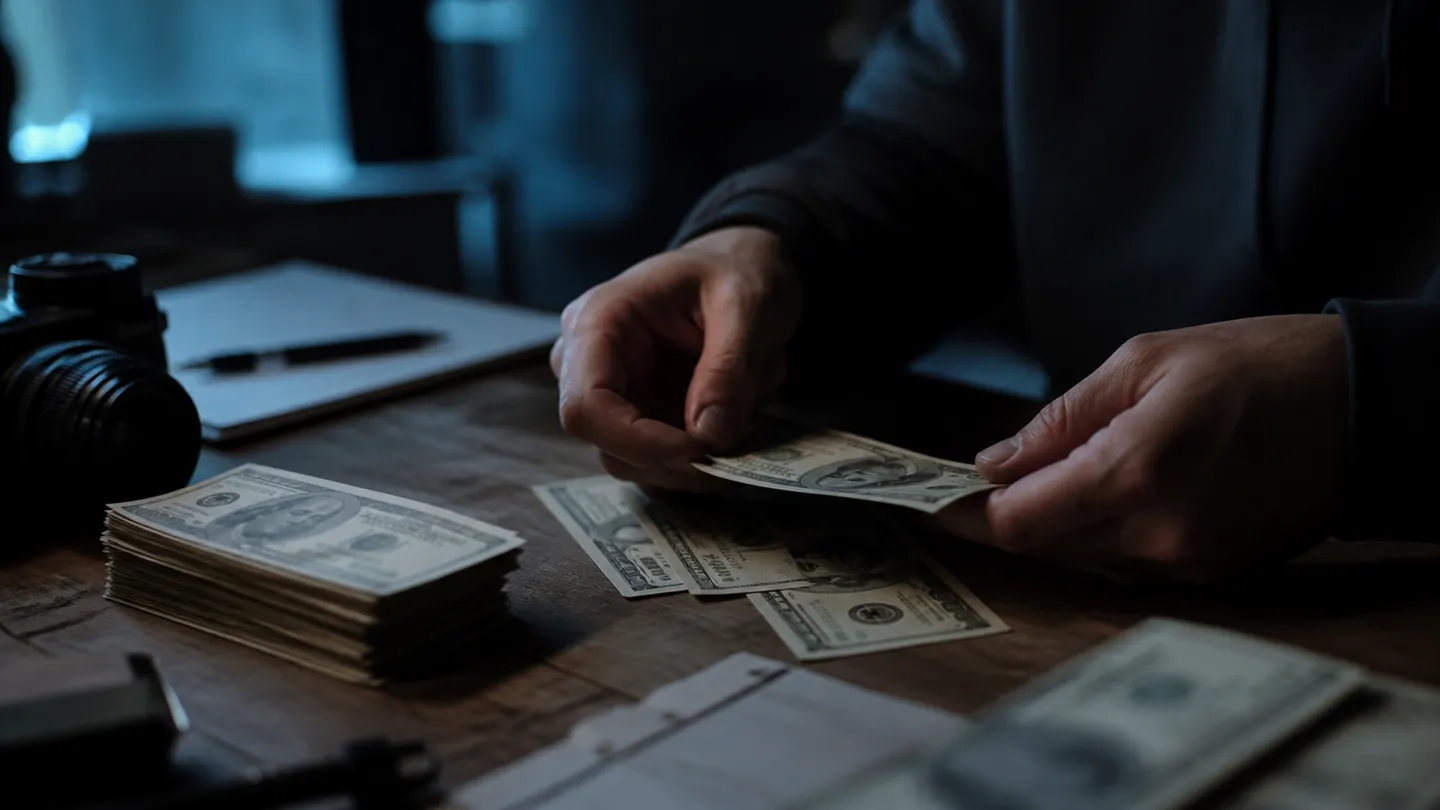 A filmmaker inspects high-quality replica money on a desk in a film production office.