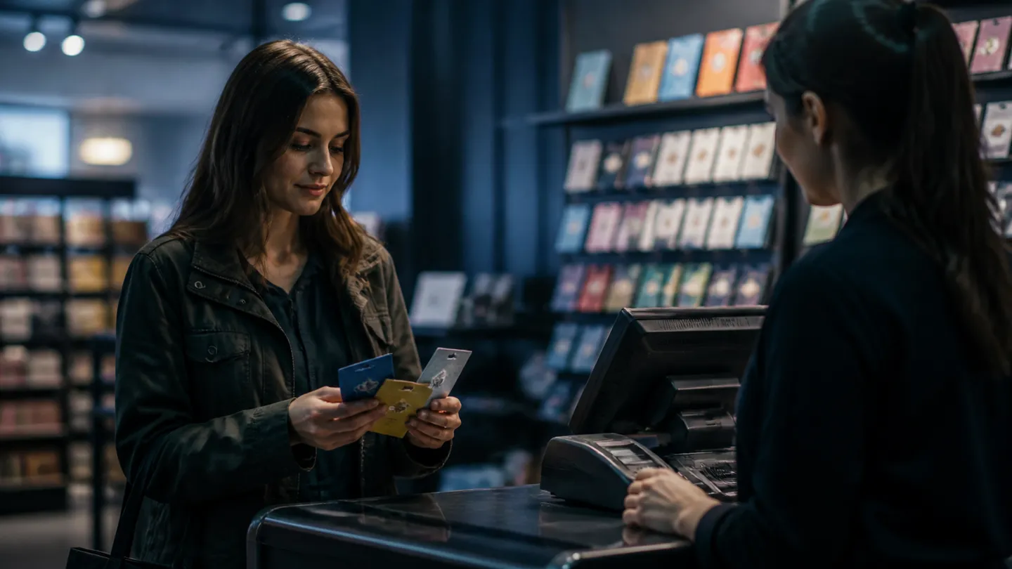 A shopper buying Visa gift cards at a store checkout, showcasing the variety of options available.