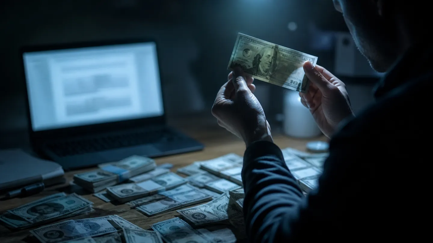 A person inspecting counterfeit bills in a dim room, highlighting the legal risks of using fake money.