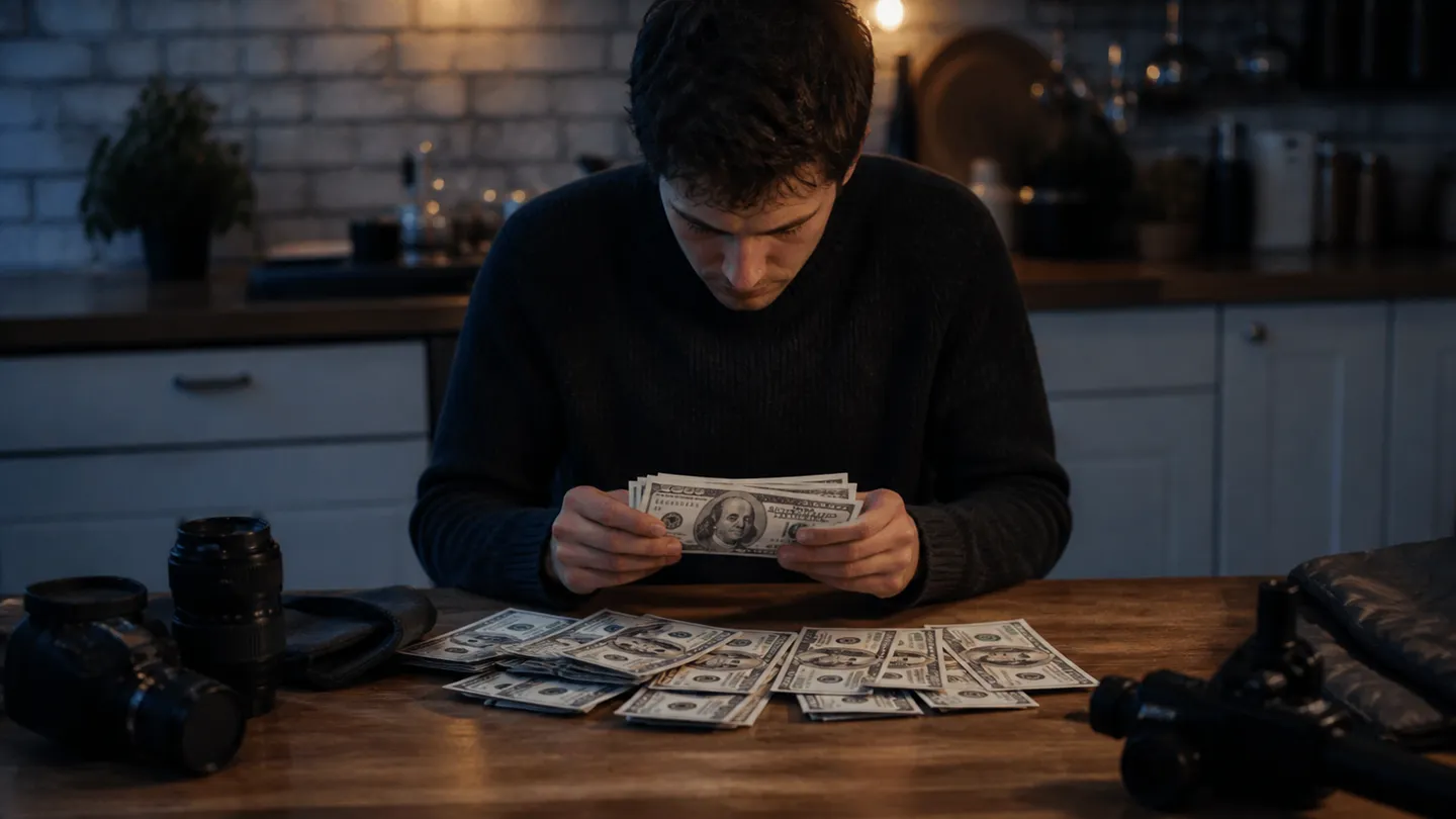 A person examining fake $100 bills on a kitchen table, illustrating the article about affordable prop money.