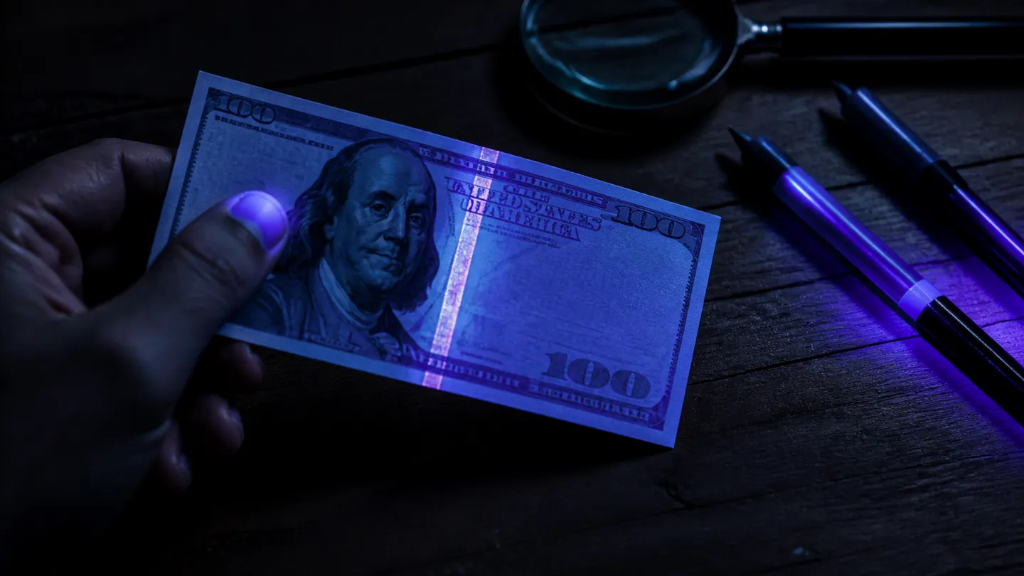 A person examining a $100 bill under UV light to check for authenticity features.