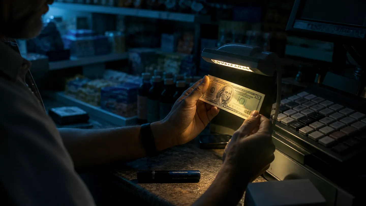 A business employee examining a potentially counterfeit banknote at a cash register.