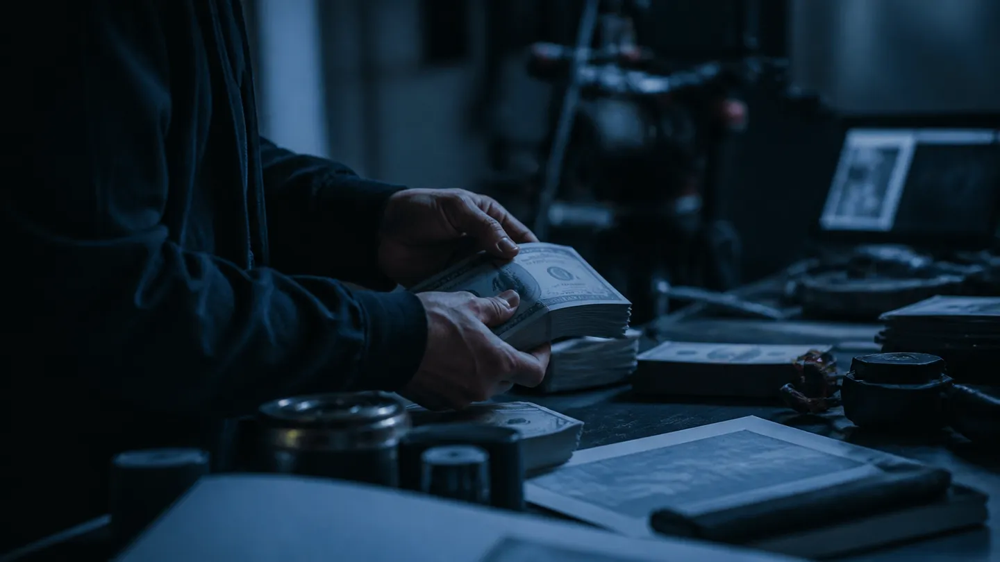 A filmmaker inspects realistic prop money on a cluttered production table in a film studio.