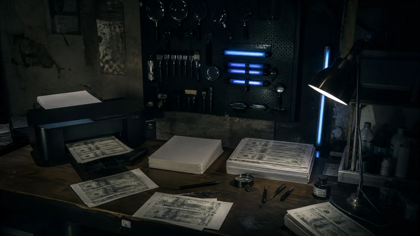 A counterfeiter's workstation with tools and materials, highlighting the process of counterfeiting money.