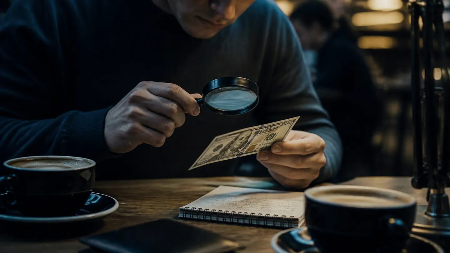 A person closely inspecting U.S. currency at a café, highlighting the importance of recognizing counterfeit bills.