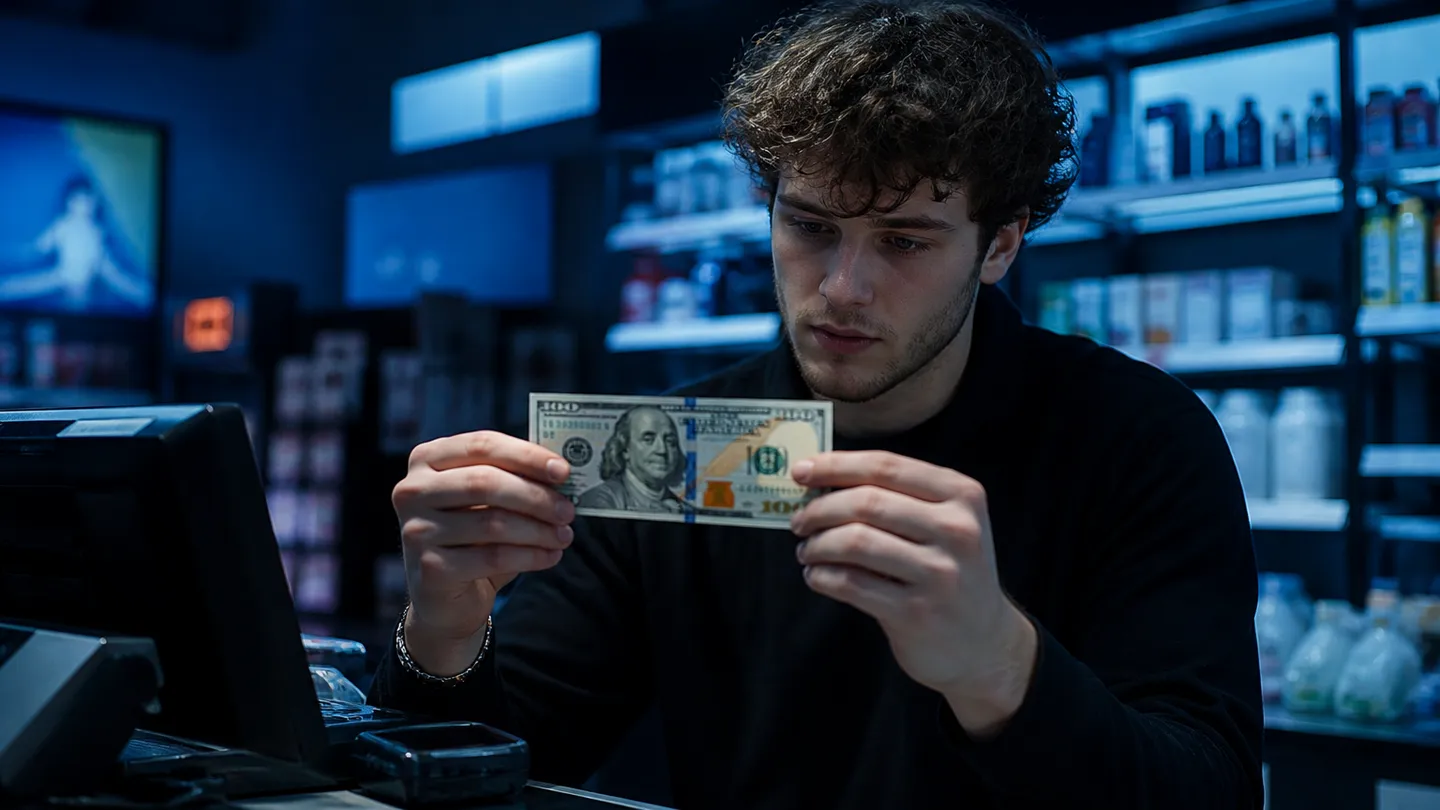 A cashier inspects a 100 dollar bill to identify its authenticity in a retail setting.