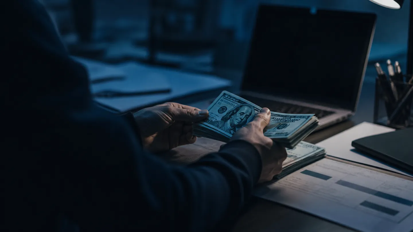 A person inspects realistic $100 prop money on an office desk, highlighting considerations for lawful purchases.