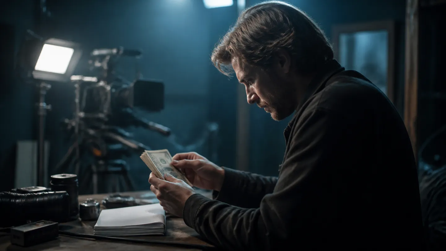 A filmmaker inspects realistic prop money surrounded by filmmaking equipment in a studio setting.