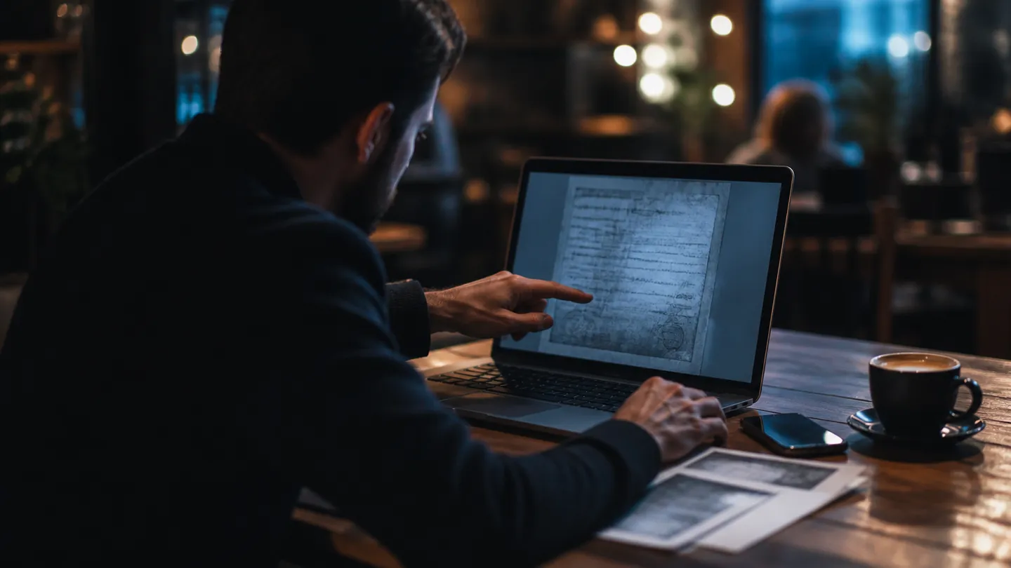A person in a cafe checking a document on a laptop, emphasizing online fake document detection.