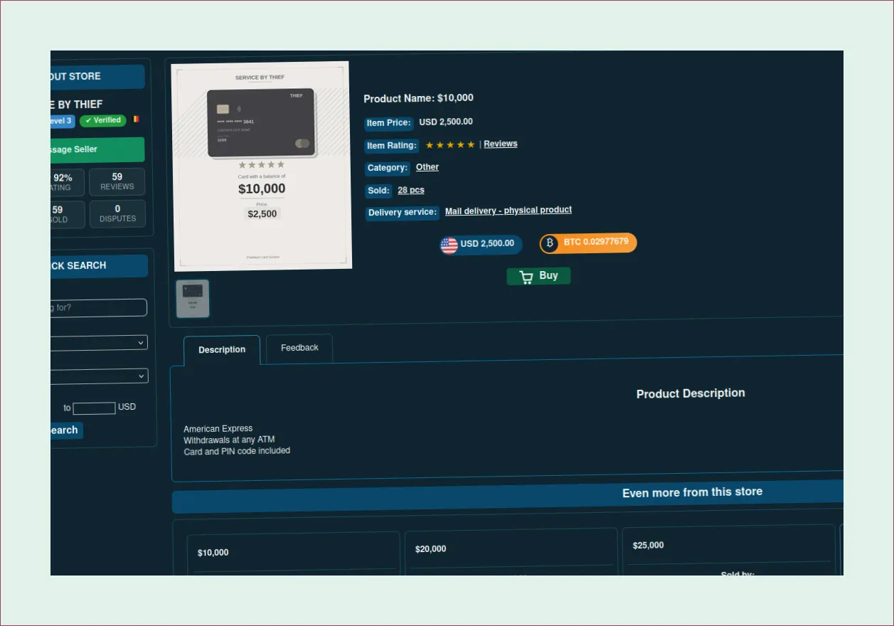 Online store interface showcasing 'SERVICE BY THIEF' offer.