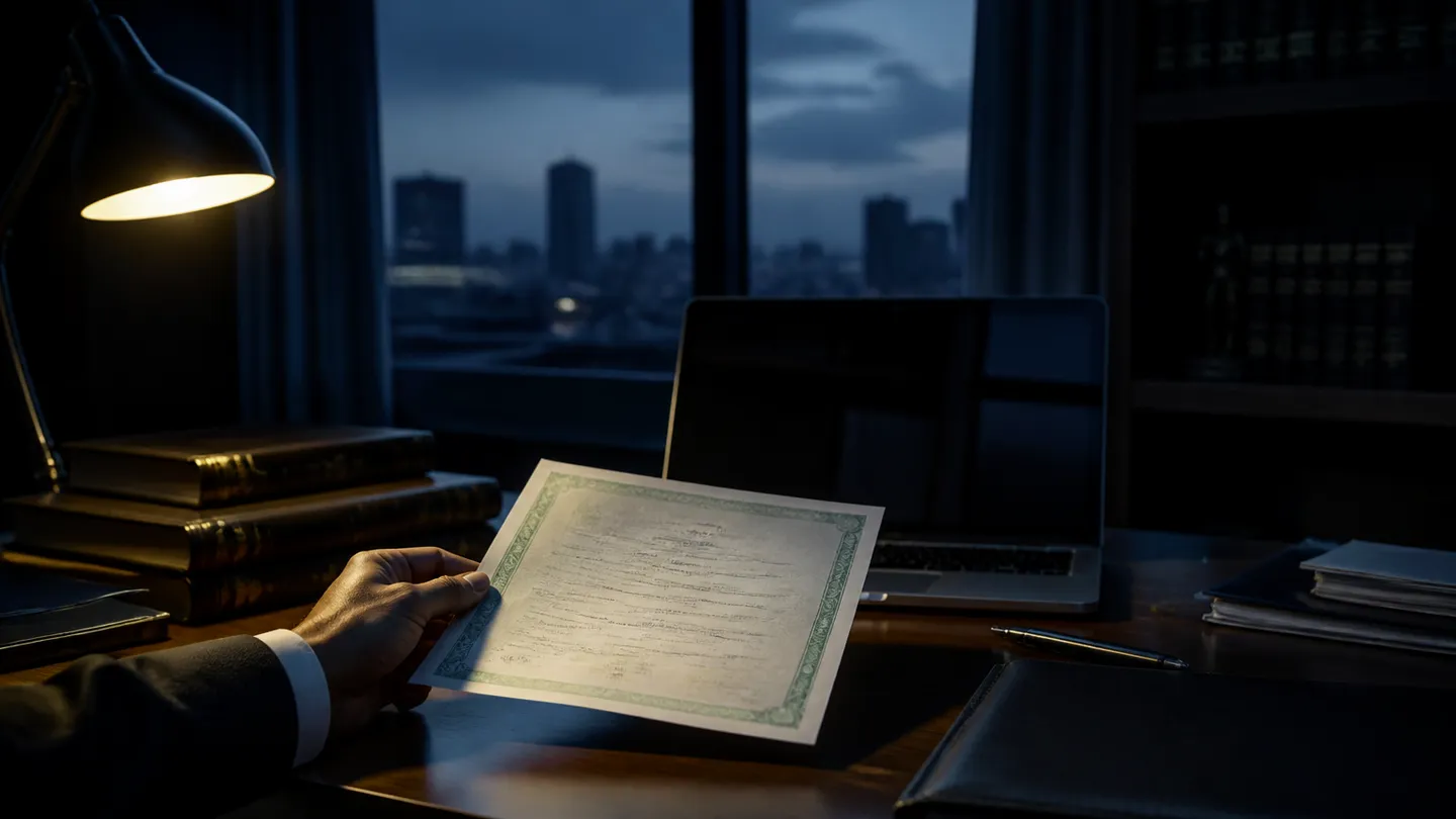 A person examining a birth certificate in a dimly lit office, highlighting legal concerns about forgery.