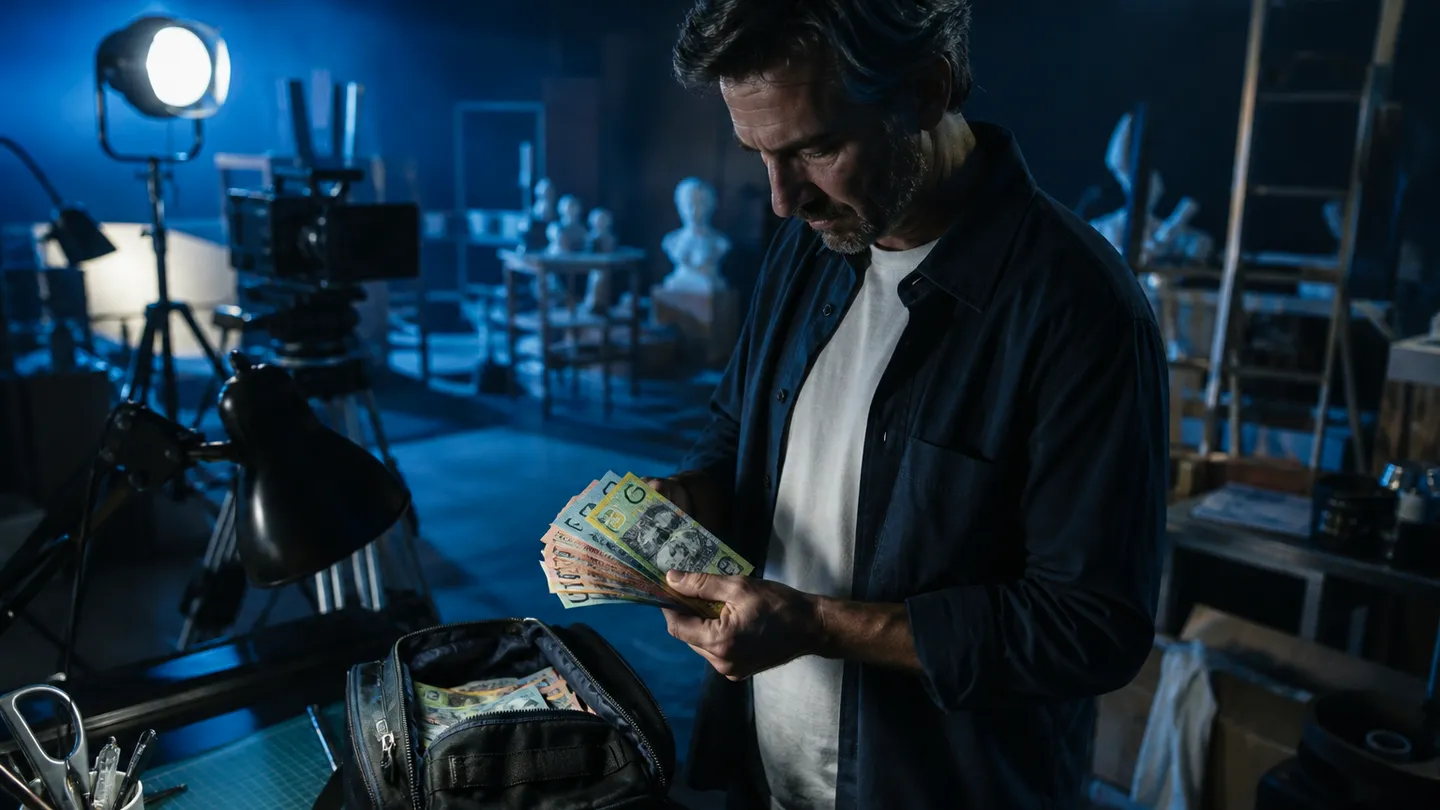 A filmmaker inspects realistic Australian prop money in a film studio, surrounded by equipment.