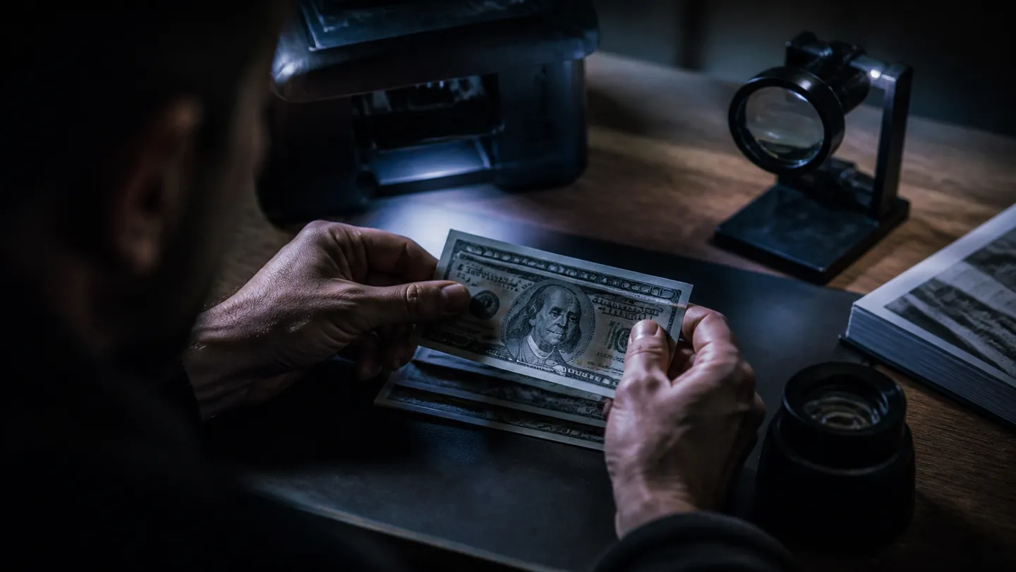 A person inspecting counterfeit bills with a guidebook in a dimly lit room.