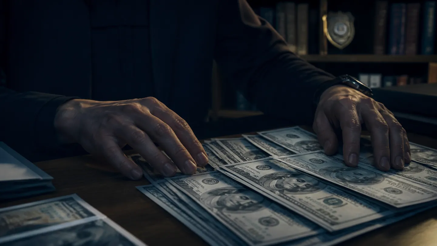 A person examining counterfeit bills on a table, highlighting the importance of identifying fake currency.