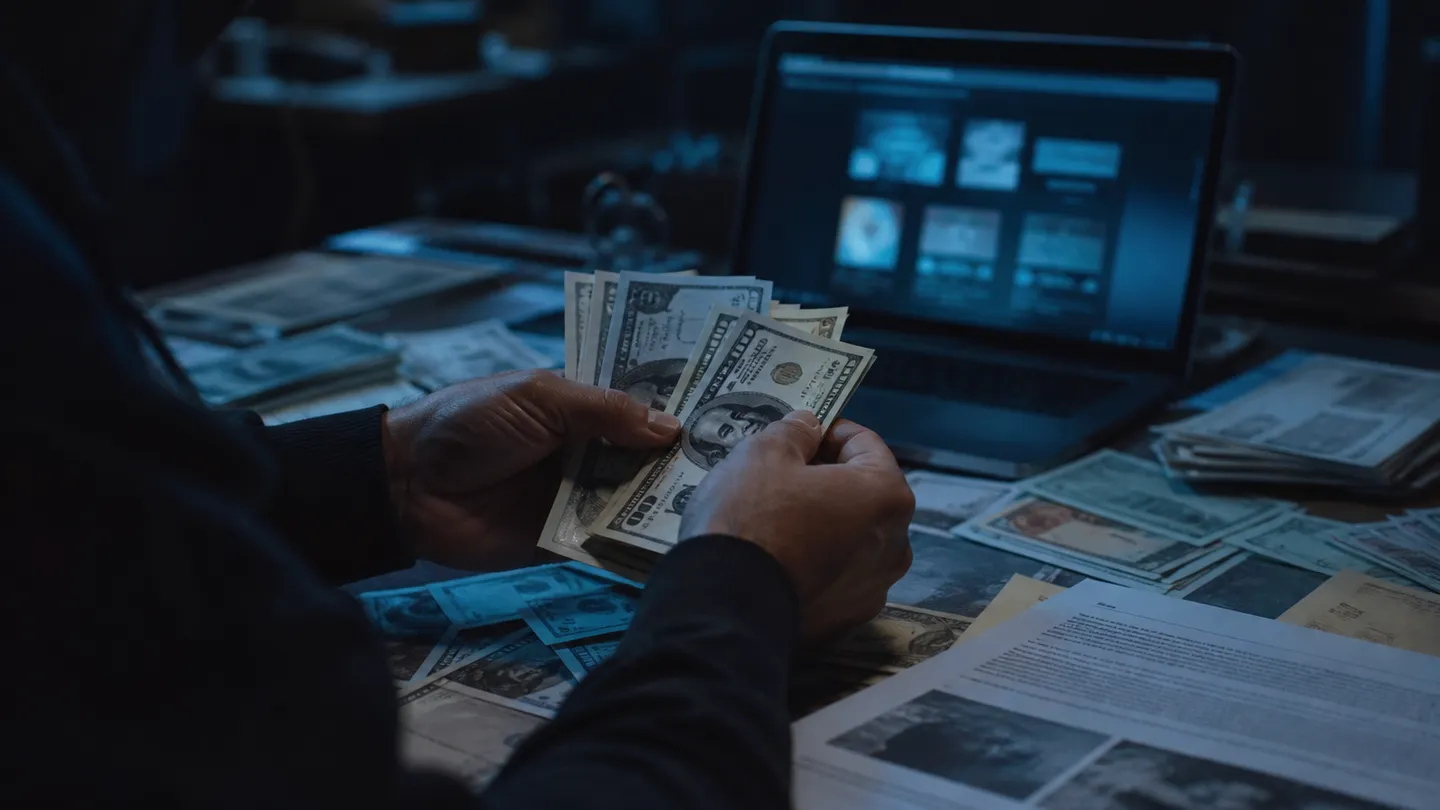 A person examining counterfeit money and legal documents in a dimly lit room, highlighting the risks of dark web transactions.