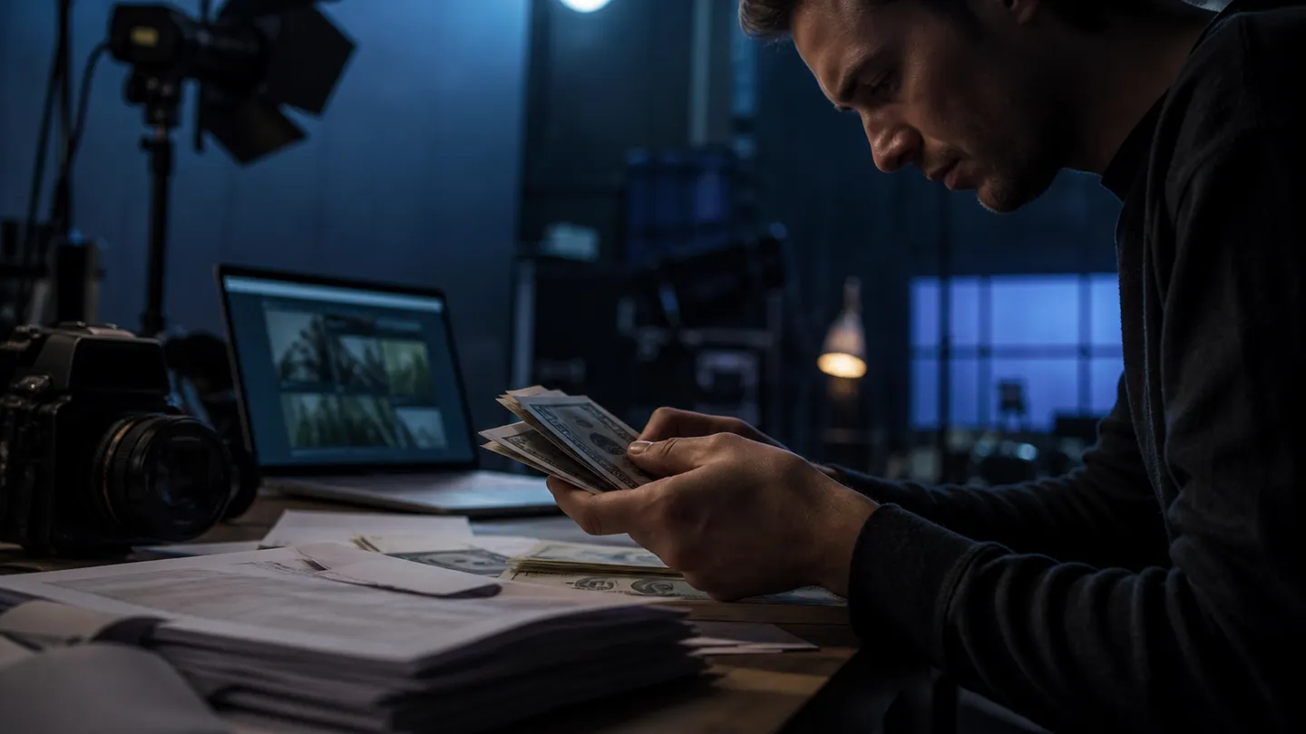 A filmmaker inspects realistic prop money on a cluttered production desk, emphasizing the importance of reliable sources.