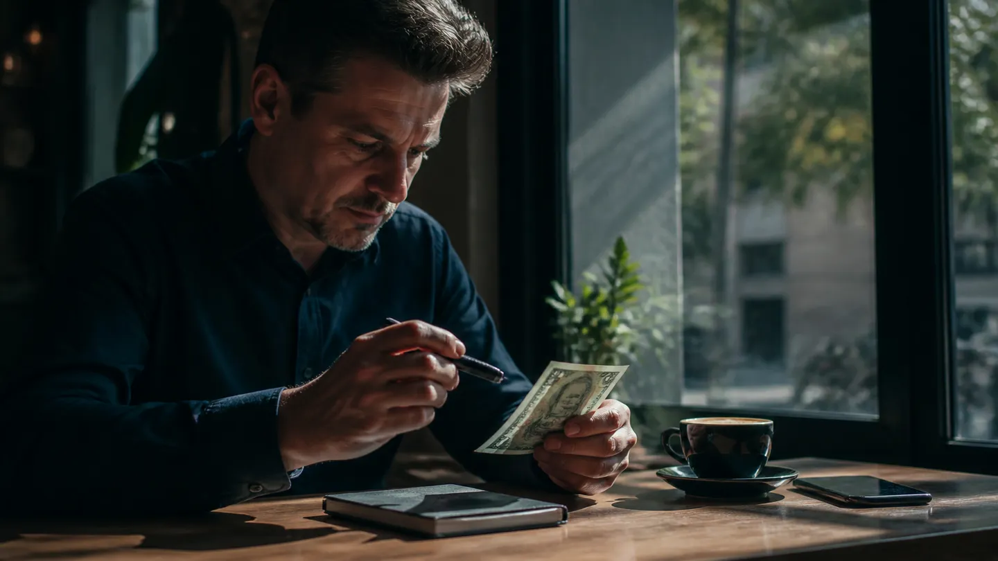 A person inspecting a banknote with a counterfeit detection pen at a cafe, illustrating techniques to check for counterfeit money.