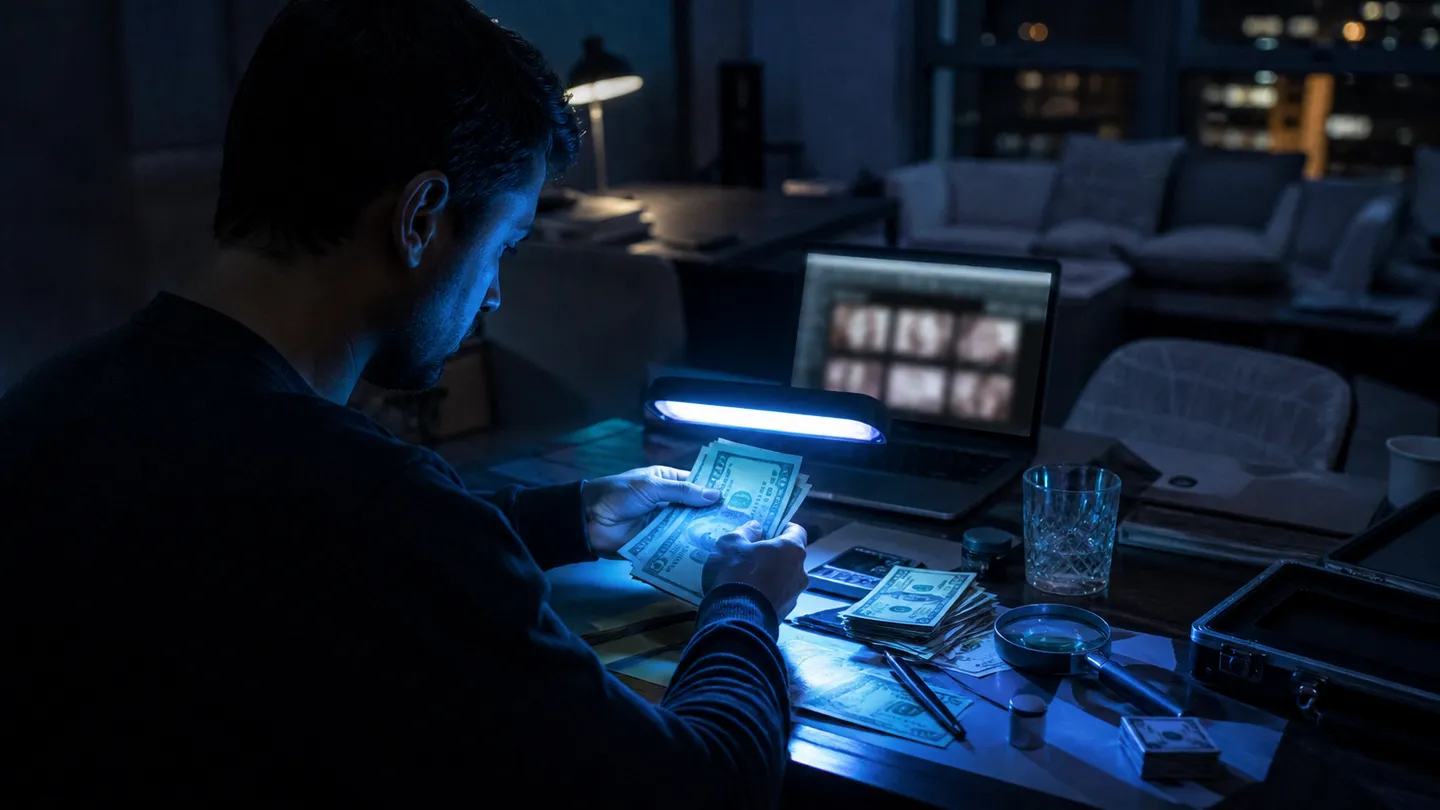 A person inspecting counterfeit banknotes in a cozy apartment, highlighting the risks of dark web transactions.