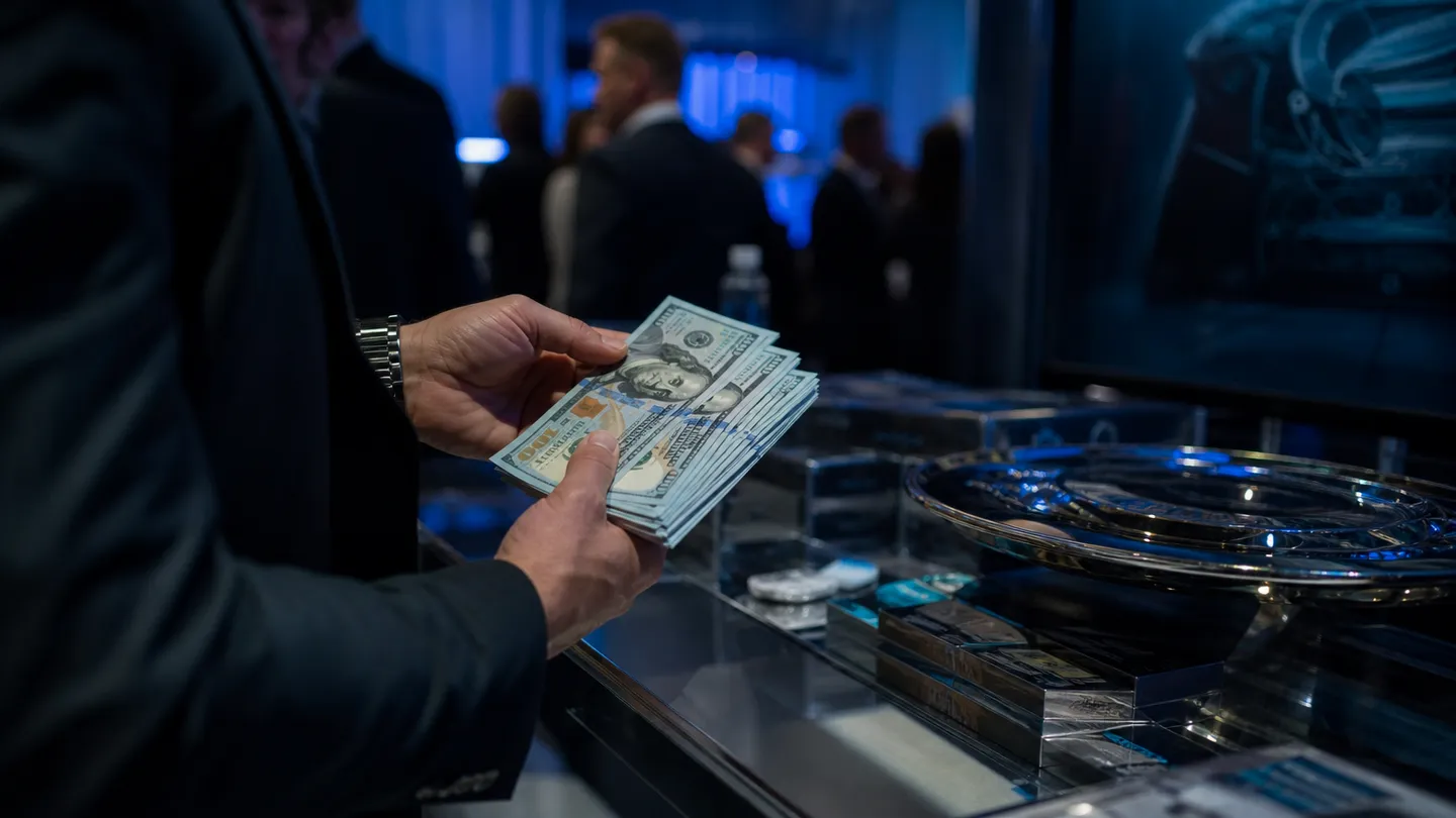 A close-up of hands inspecting realistic prop money at an event booth, highlighting its details.
