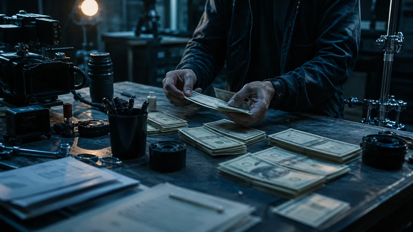 A filmmaker arranging realistic prop money on a cluttered production table, showcasing detail and authenticity.
