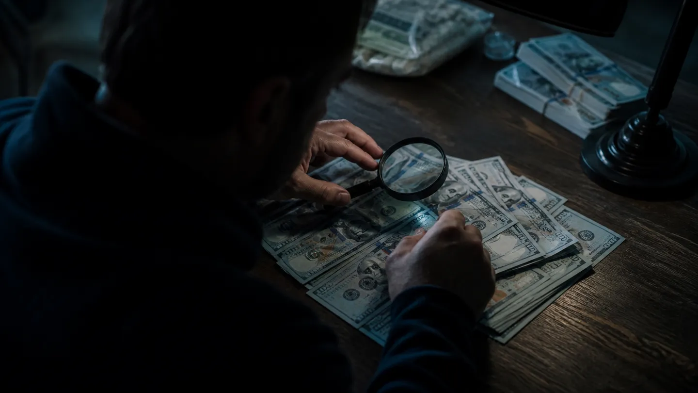 A person inspecting counterfeit 100 dollar bills on a table, highlighting the risks discussed in the article.