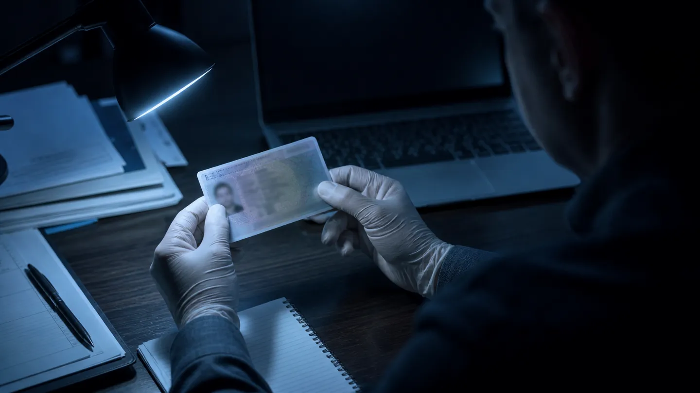 A person scrutinizing a residence permit document in a dimly lit office, reflecting on authenticity risks.