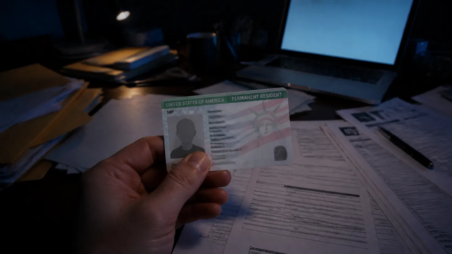 A person inspecting a fake Green Card among immigration documents in a low-lit room, illustrating the risks discussed in the article.