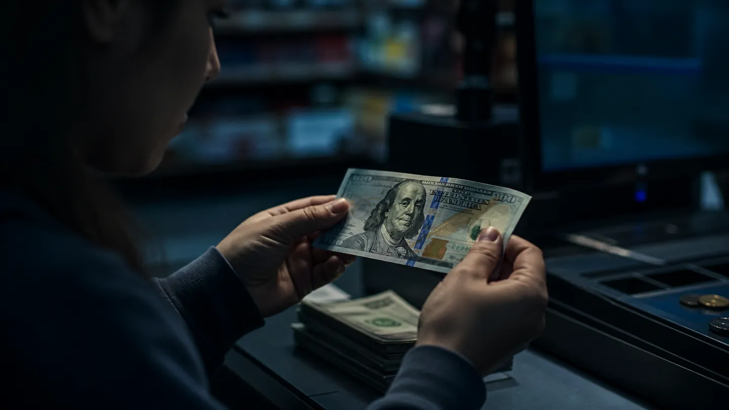 A cashier closely inspects a $100 bill, showcasing security features relevant for identifying counterfeits.
