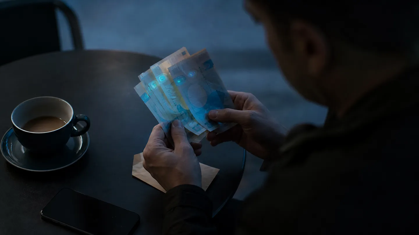 A person scrutinizing counterfeit banknotes in a cafe setting, highlighting their features and risks.