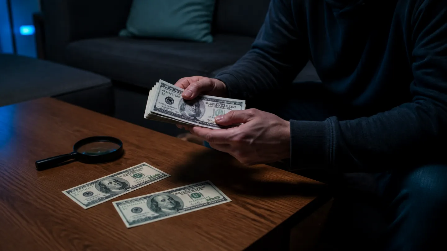 A person inspecting prop money at a coffee table, highlighting concerns about counterfeit currency.
