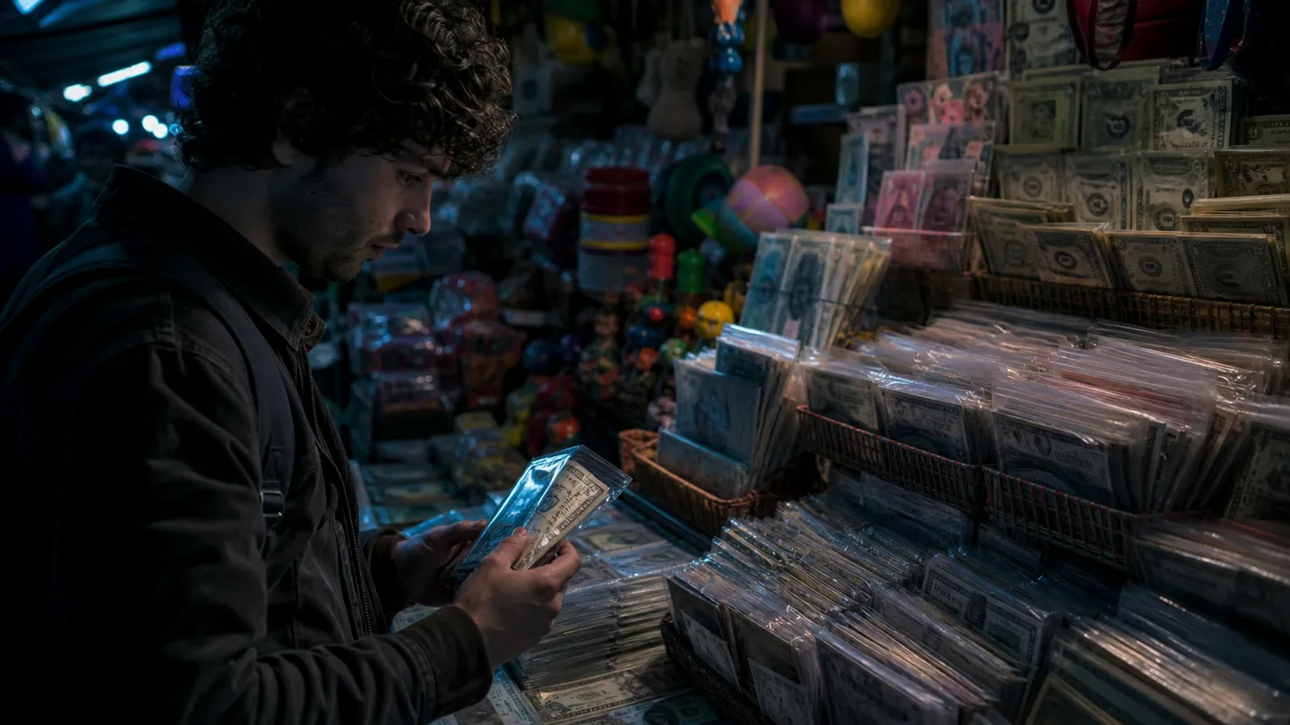 A person examines different types of prop money at a market stall, showcasing the variety available for purchase.