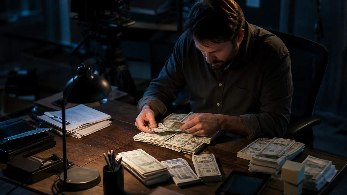 A filmmaker sorting through realistic prop money, emphasizing the details for film production legality.