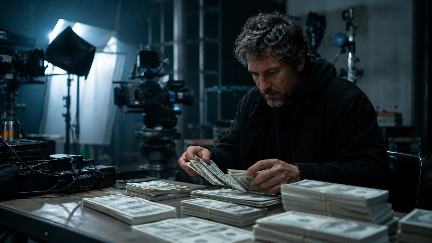 A filmmaker organizing realistic prop money on a film set, emphasizing legal usage for productions.