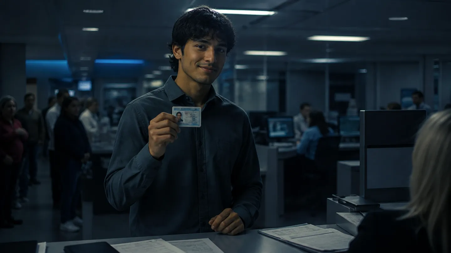 A person at the DMV presenting a real driver's license, surrounded by documents and other customers.