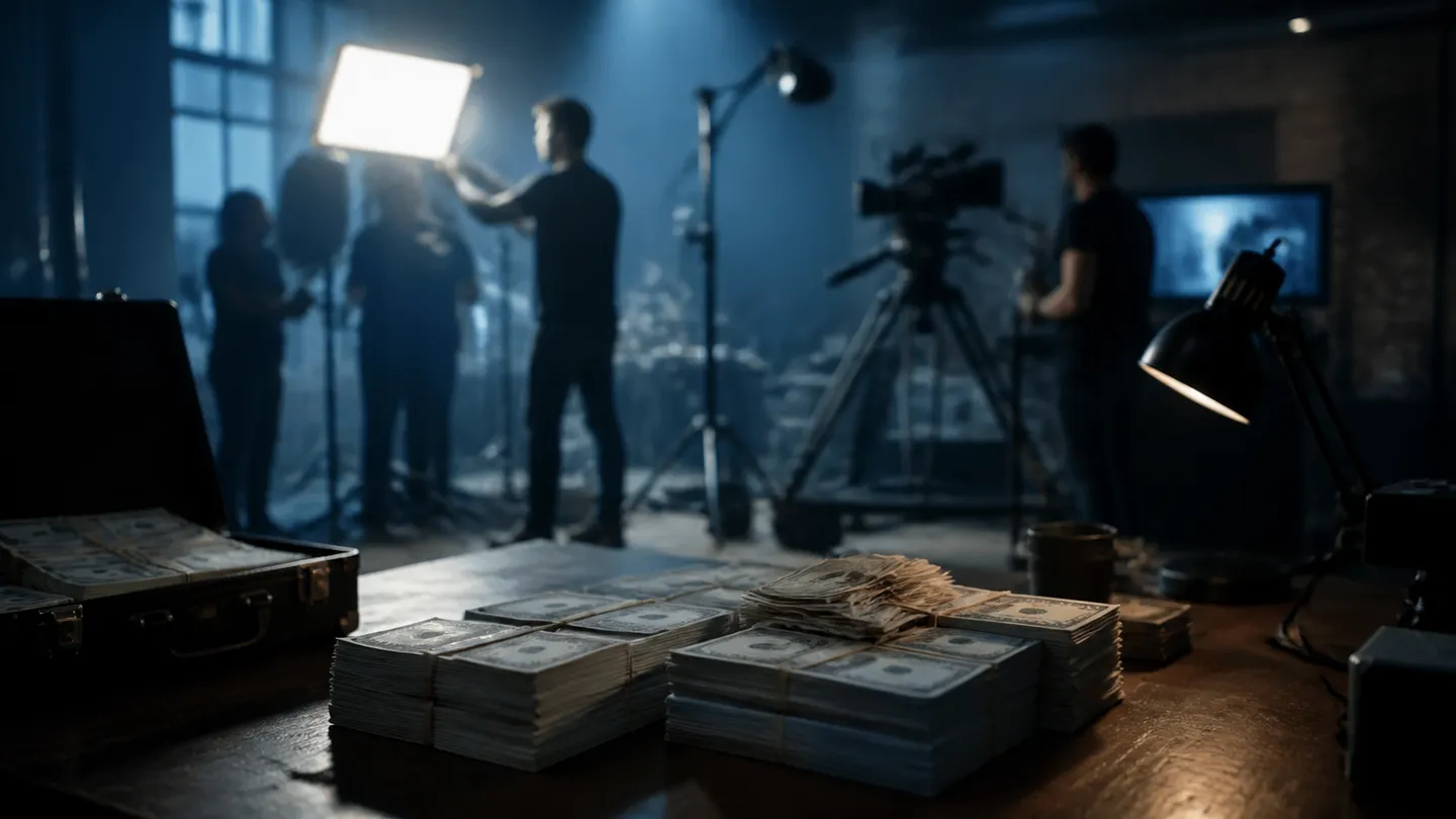 A film crew organizing realistic prop money on a movie set, showcasing the preparation for a shoot.