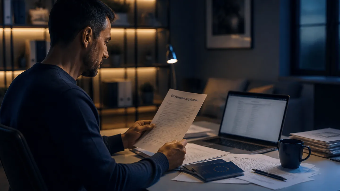 A person examining EU citizenship documents in a modern home office, highlighting the focus on lawful acquisition of an EU passport.