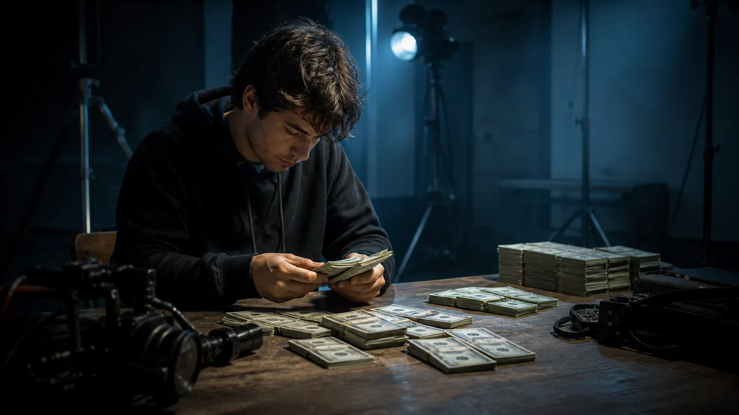 A filmmaker counts realistic prop money on a production set, showcasing quality for projects and events.
