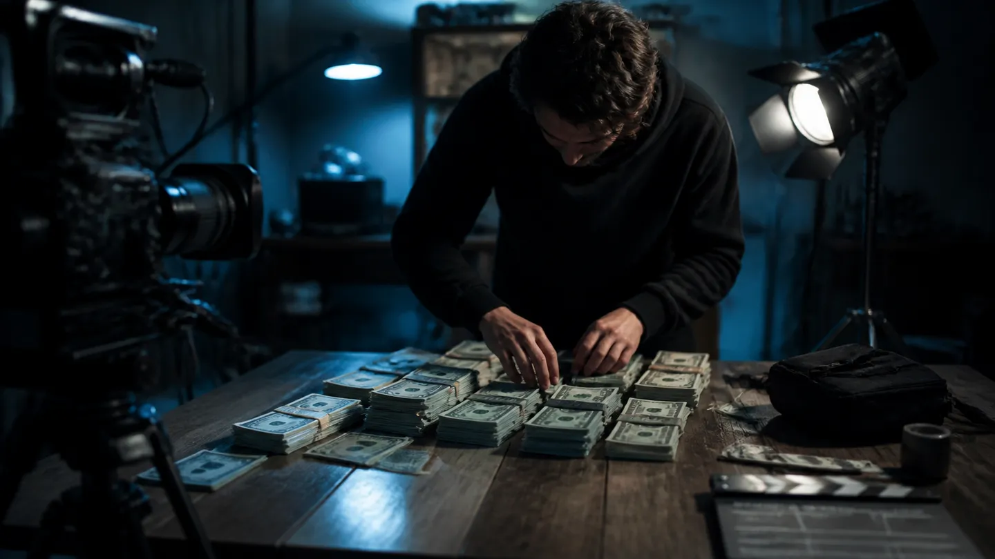 A filmmaker organizing realistic prop money on a set, showcasing the essential tools for production.