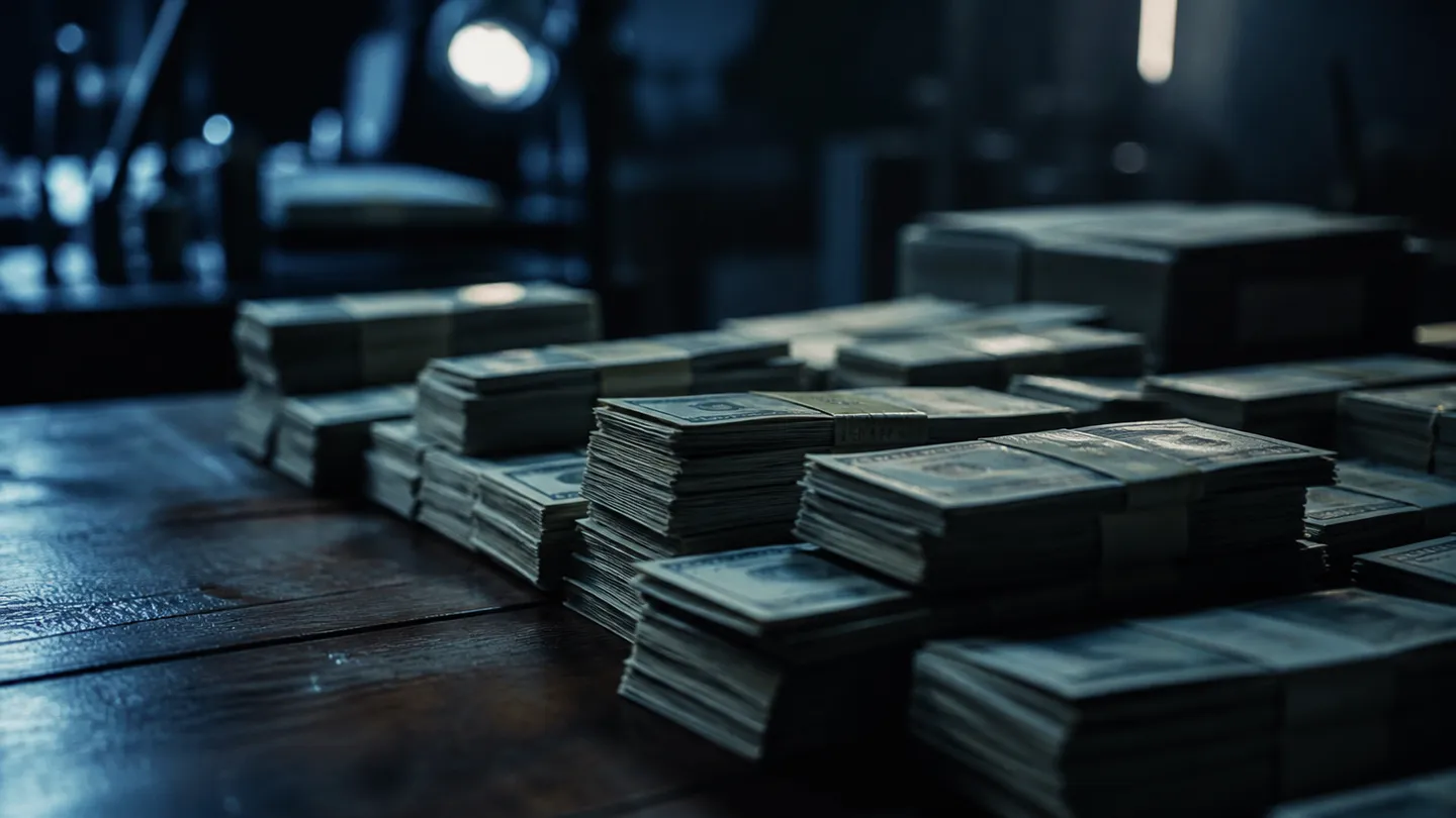 A close-up view of stacks of realistic prop money on a film set, highlighting their quality for filmmakers.