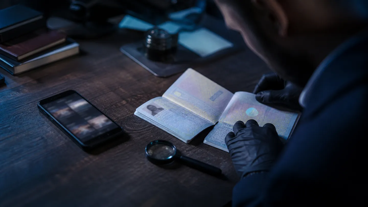 A person inspecting a counterfeit passport in a dark workspace, highlighting the risks of fake documents on the dark web.